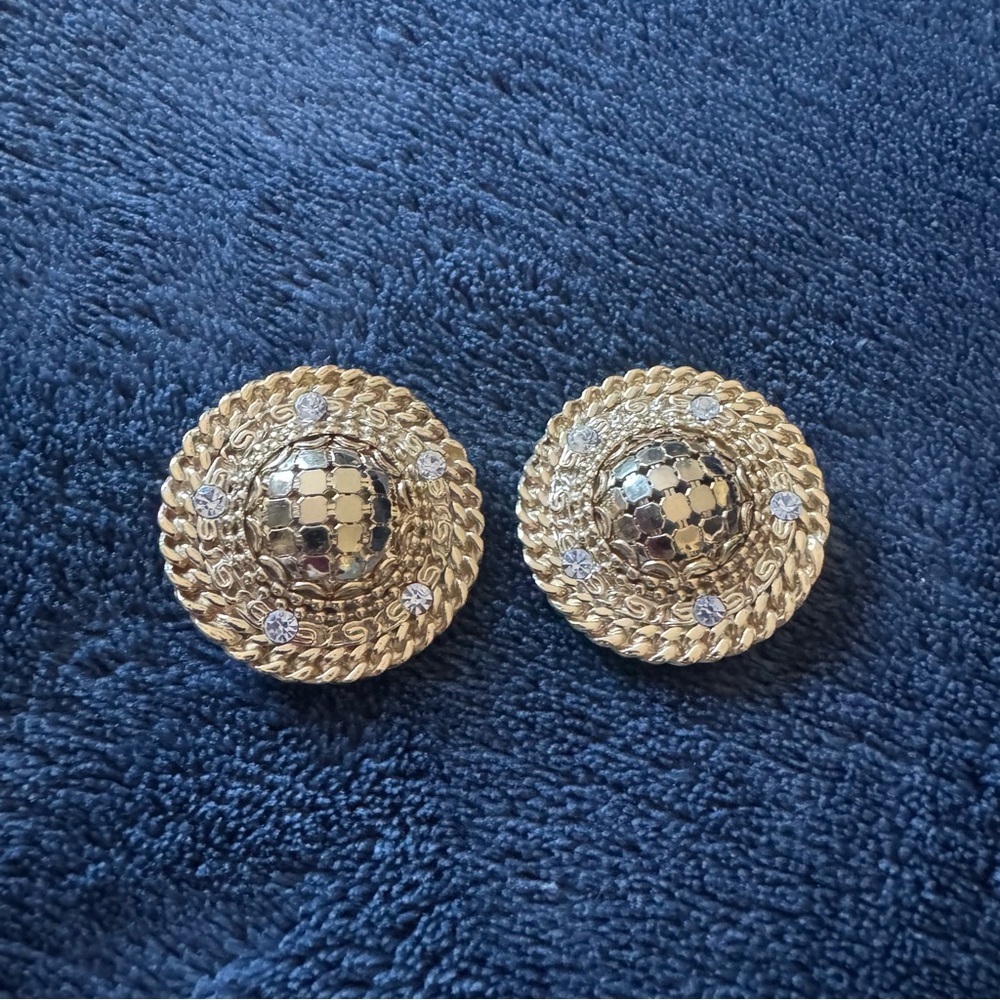 Vintage Whiting and Davis Elegant Gold Earrings Round Rhinestone Clip On